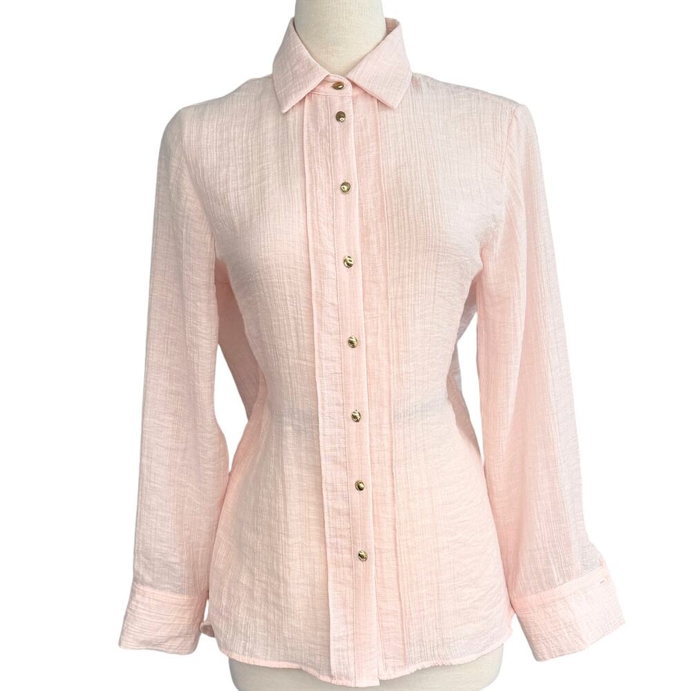 Zara Blush Pink Textured Gold Button Up Shirt XS NWT Parisian Minimalist